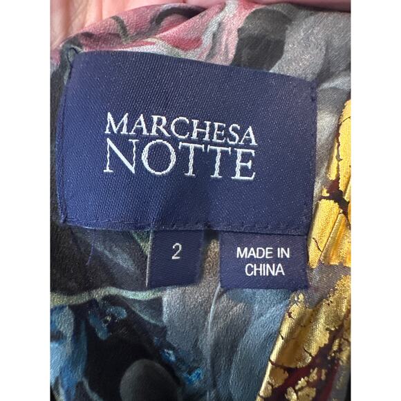 Marchesa Notte Foiled Floral Chiffon Gown Black Gold Metallic Long Sleeve Size 2 - Picture 4 of 11